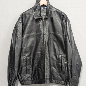 90's Genuine Black Leather Jacket Savile Row LARGE  Full Zip Inside Pockets Y2k